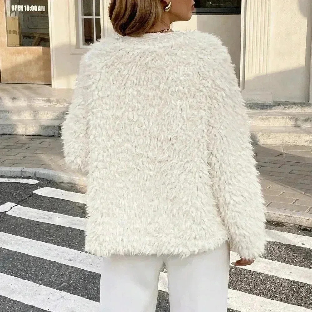 Beige Casual Women's Long Sleeve Faux Fur Crew Neck Tweed Coat - Picture 2 of 6